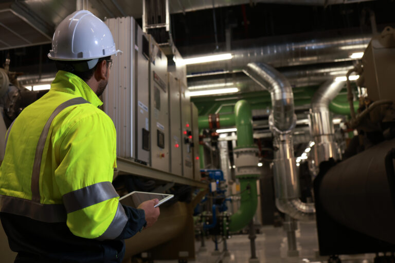 Facility technician inspecting critical infrastructure equipment in a mechanical and power systems room.