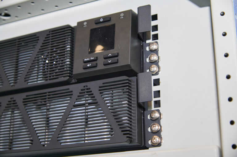 Close-up of UPS power equipment used for backup power protection and critical infrastructure reliability.